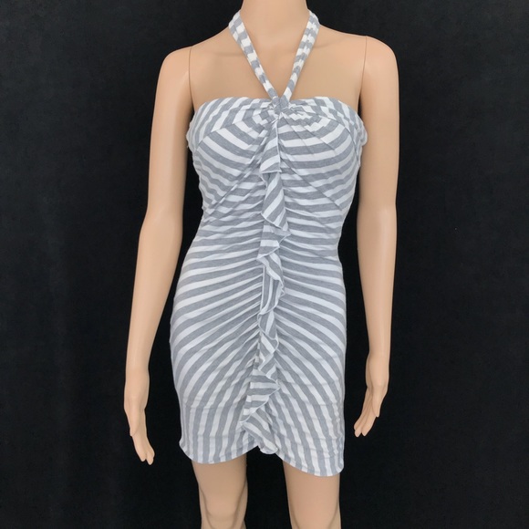 Bebe Halter White/Grey Stripped Dress - Picture 2 of 8